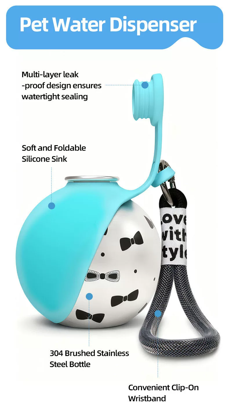 Stainless Steel Round Pet Water Bottle w/ Strap, Foldable Outdoor Cup for Dogs & Cats - Image 2